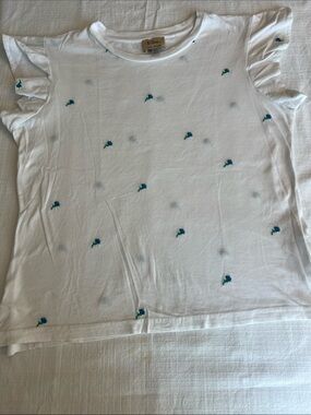 🔥🔥Ellie White Tee with Blue Floral Dots and Flutter Sleeves